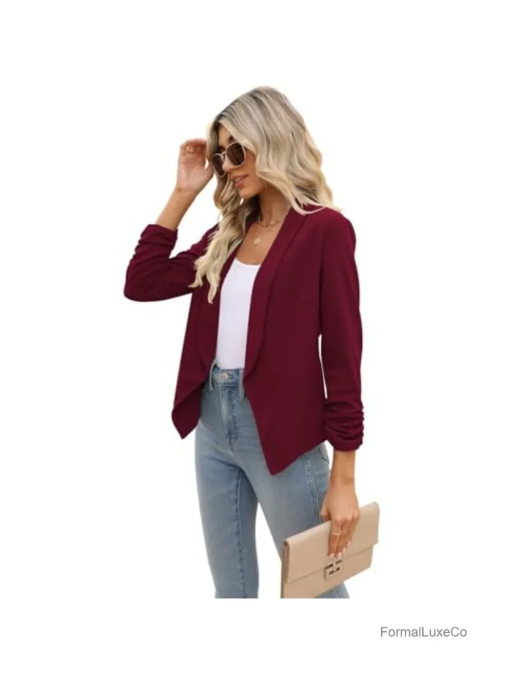 Women's Open Front Blazer 3/4 Ruched Sleeve Business Casual Work Office Jacket